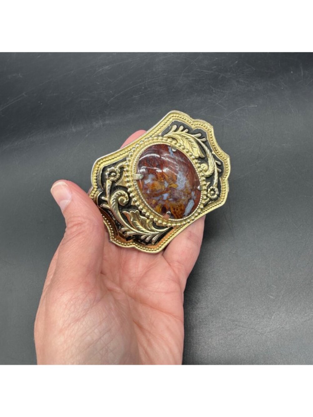 Vintage Western Belt Buckle Agate Stone Gold Tone Floral Rodeo Cowboy Accessory - Picture 10 of 10